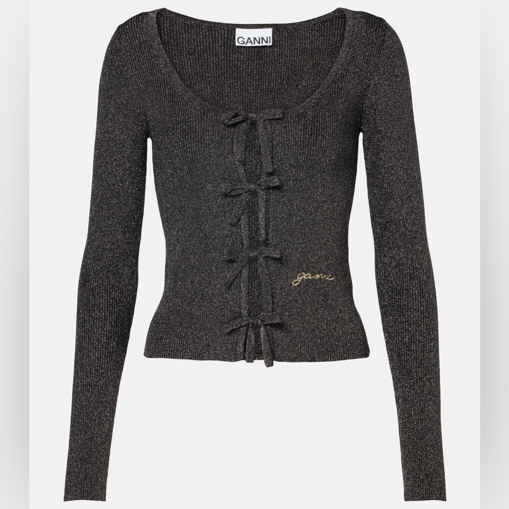 Ganni Charcoal  Long Sleeve Top with Bow Accents